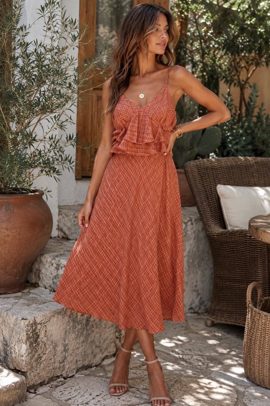 House of Harlow 1960 x REVOLVE Terracotta Plaid Ruffle Romantic Midi Dress XS